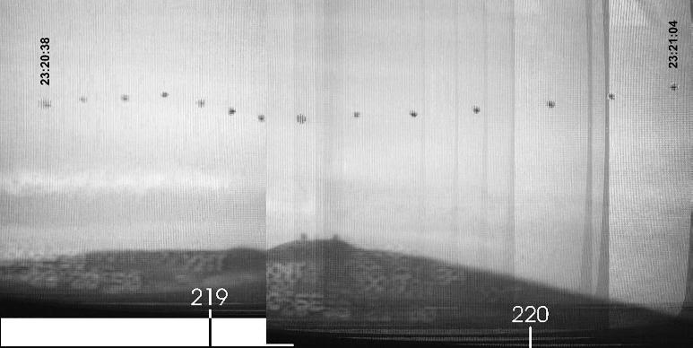 Figure 1  A montage of the Nellis UFO's movement in front of the distant mountain range during the early part of the S-30 footage. The UFO's position is shown at 2 second intervals.