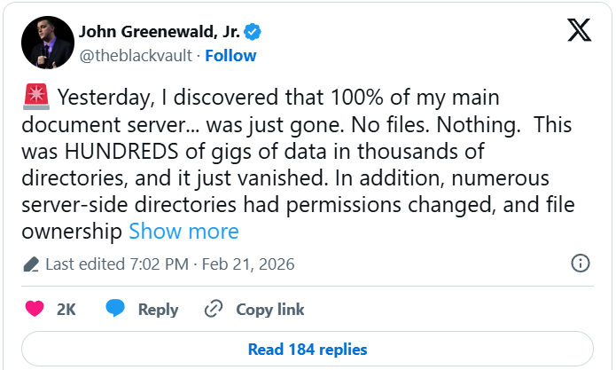 John Greenewald's Black Vault Files Deleted From Server Then Restored from Backups