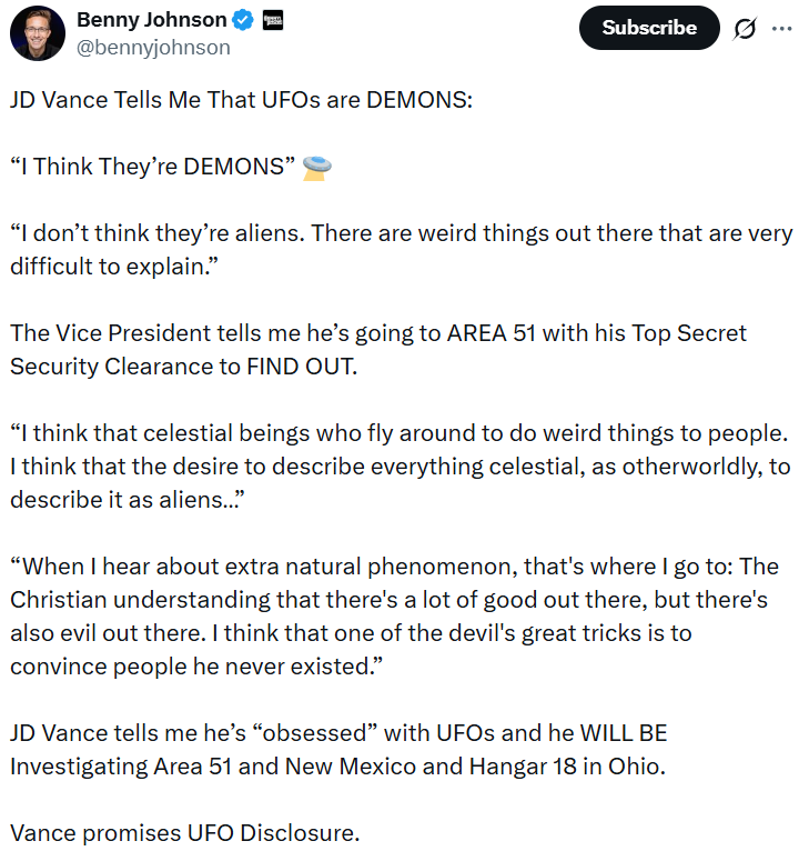 JD Vance Says UFOs Are Actually Demons