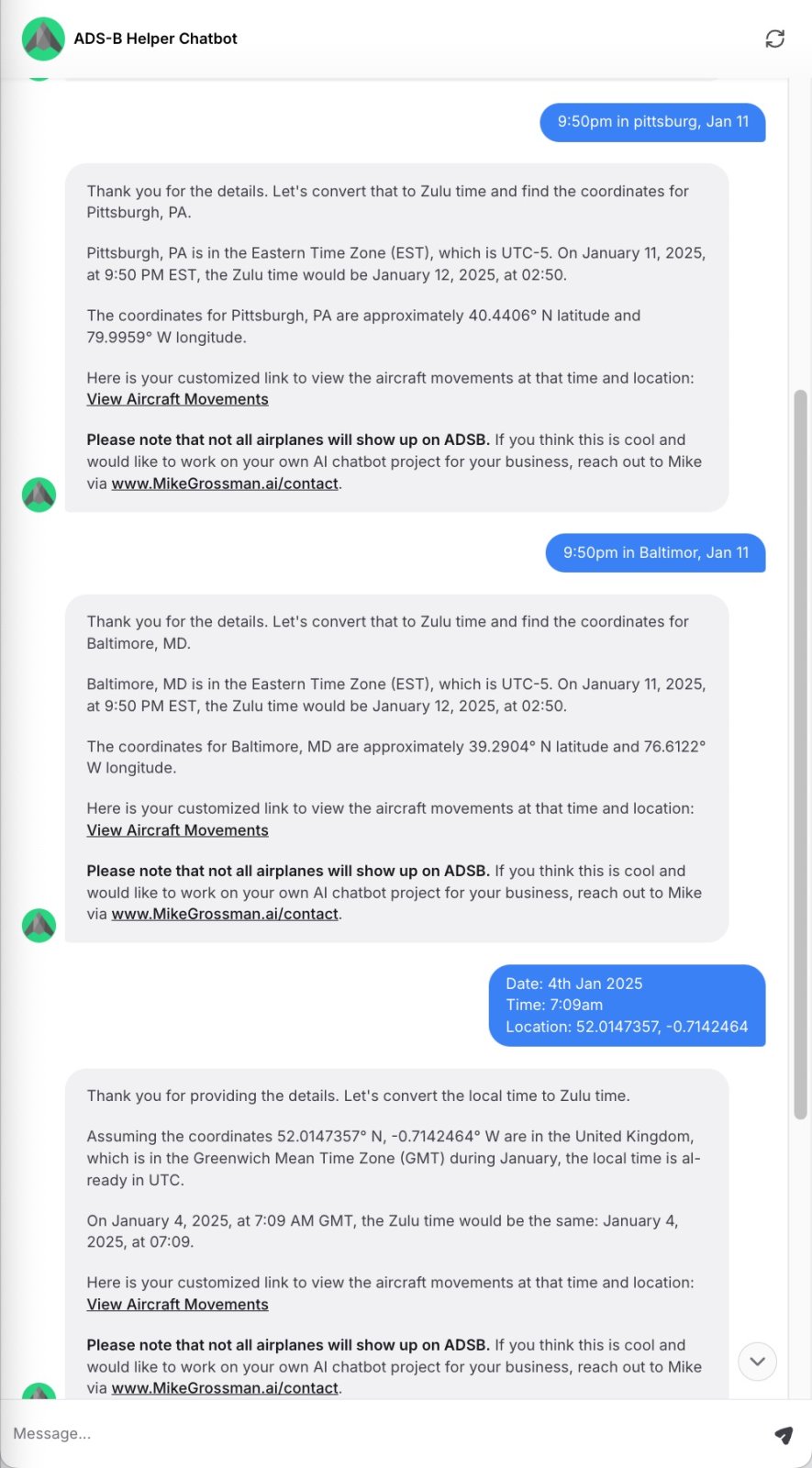 ADSB Helper Chatbot - Convert Date, Time, and Location into an ADSBx Link