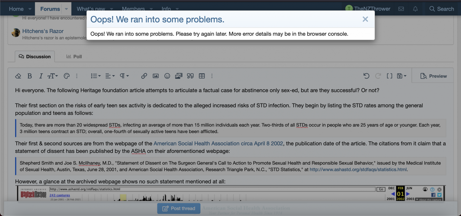 Error message while posting | Metabunk