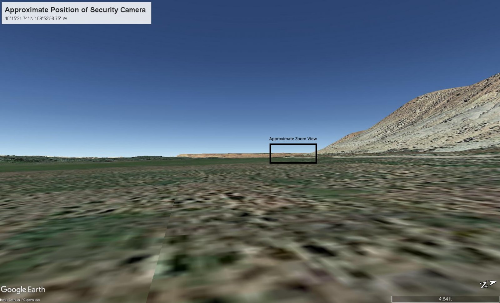 Geolocation of the security camera image in Google Earth, with the approximate location for the zoomed camera image marked. The approximate position of the security camera is 40 degrees, 15 minutes, 21.74 seconds north by 109 degrees, 53 minutes, 58.75 seconds west.