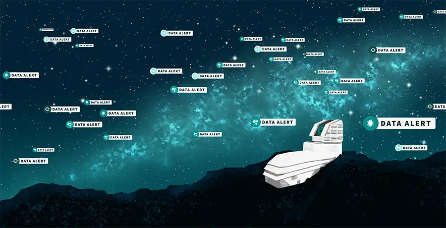 The summit facility is shown on a rocky ridge. The night sky features stars and the glittering band of the Milky Way Galaxy. The sky is populated with multiple alert 