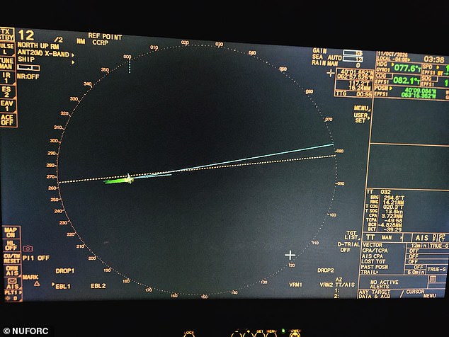 A submission to the National UFO Reporting Center (NUFORC), dated October 11, detailed an encounter with glowing UFOs that the ship's crew said moved at impossible speeds and patterns - but did not show up on the boats radar (pictured)