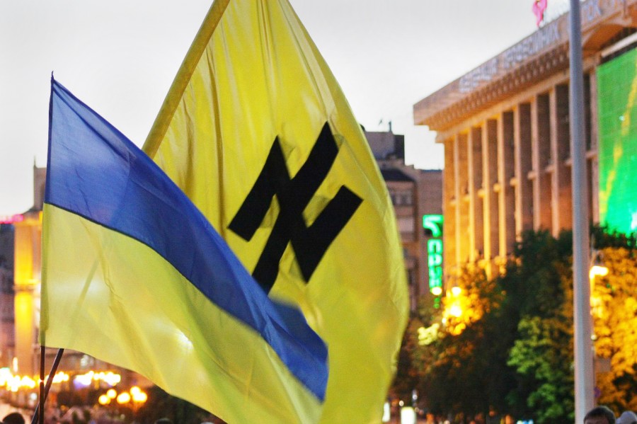 The inverted Wolfsangel seen on a flag during a demonstration in Kiev