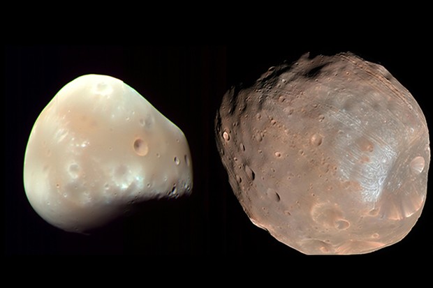Two separate images of Deimos (left) and Phobos (right) captured by NASA's Mars Reconnaissance Orbiter. Image Credit: NASA/JPL-caltech/University of Arizona